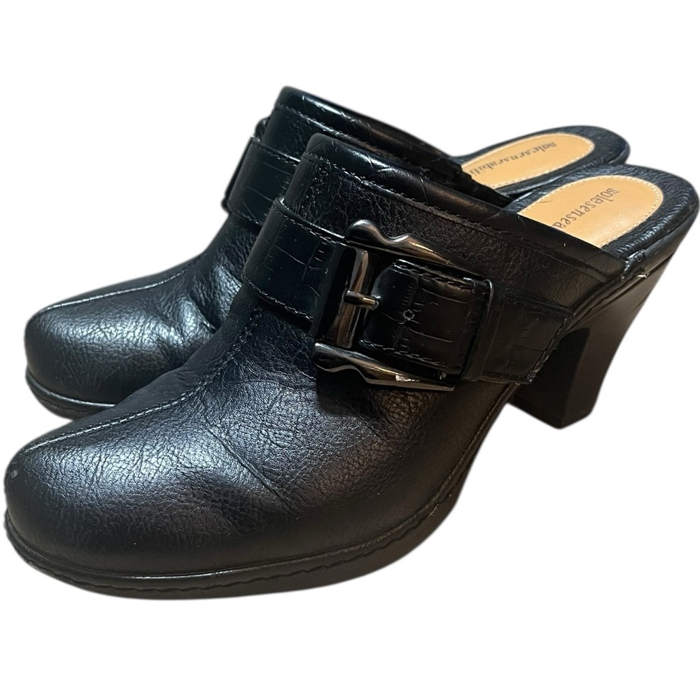 Black Leather Buckle Mule Clogs - Women's